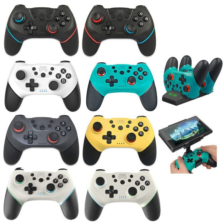 Assorted wireless Bluetooth gamepads for Switch showing multiple color variants and buttons