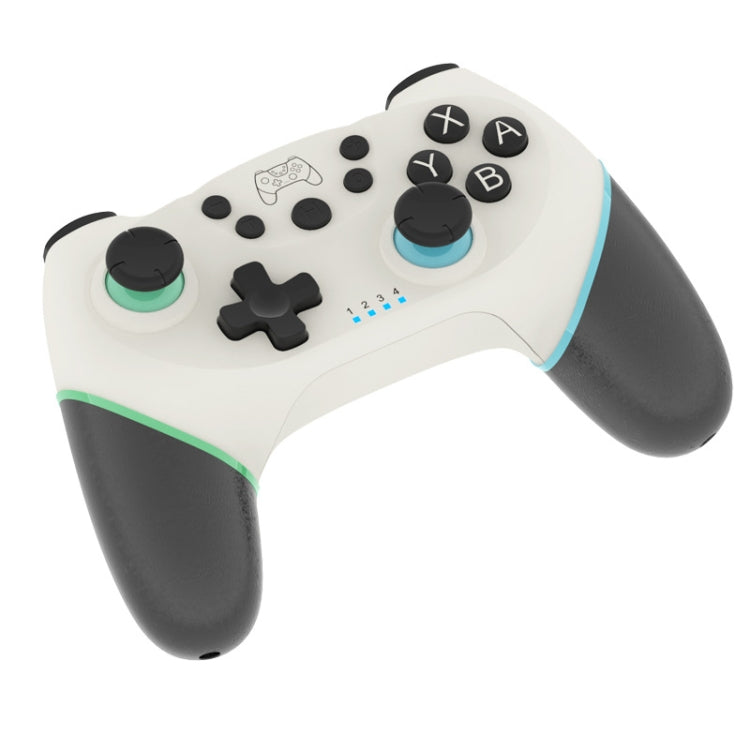Wireless Bluetooth gamepad for Switch in white with teal thumbstick accents, angled view