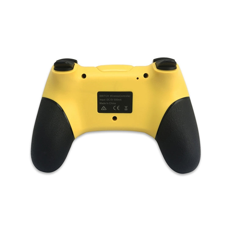 Wireless Bluetooth gamepad for Switch back view in yellow with compliance label