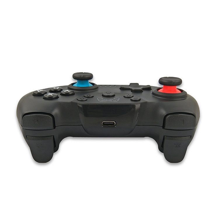 Wireless game controller with black grips and blue/red thumbsticks, front view