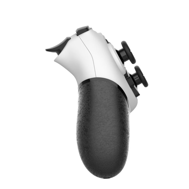 Wireless game controller handle with white top and black side grips, angled view
