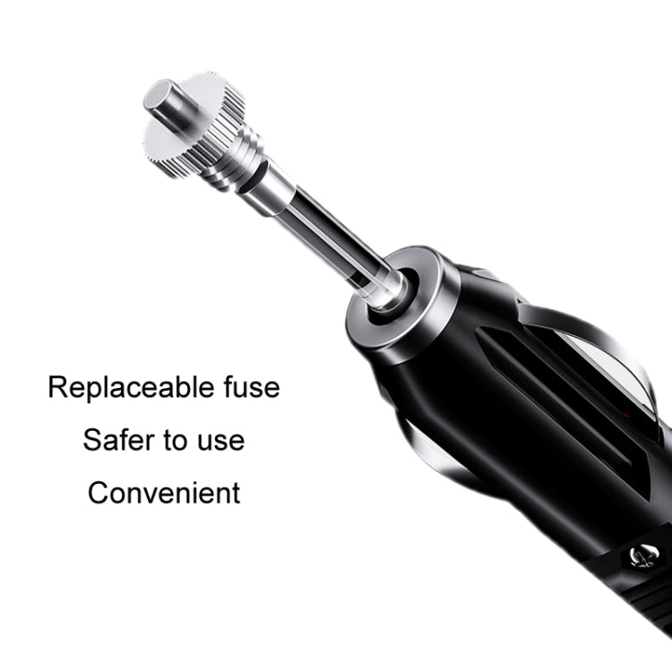 Black cigarette lighter plug with replaceable fuse and ribbed metal contact end