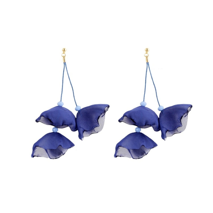 Long fabric petal earrings in dark blue with three layered petals and gold hooks