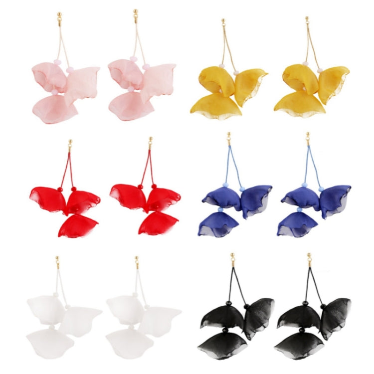 Long fabric petal earrings set: pink, yellow, red, blue, and black with gold hooks