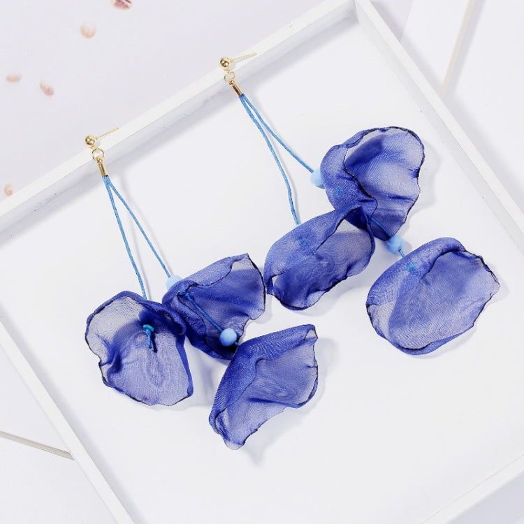 Blue fabric petal drop earrings with thin blue strings and gold-tone hooks