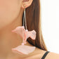 Pink fabric petal drop earrings with gold-tone hooks, dangling pearls and strings