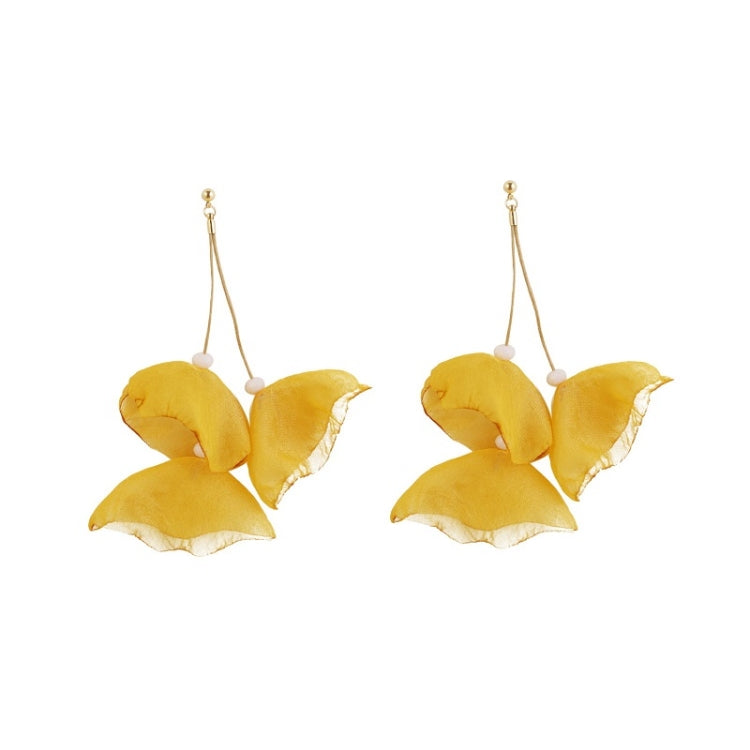 Long fabric petal earrings in yellow with four layered petals and gold hooks