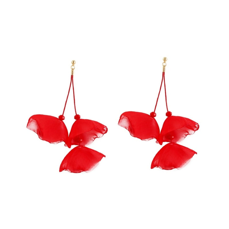 Long fabric petal earrings in red with three layered petals and gold hooks