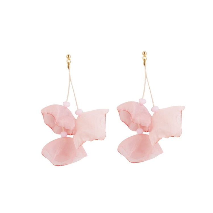 Long fabric petal earrings in light pink with three layered petals and gold hooks