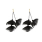 Long fabric petal earrings in black with four layered petals and gold hooks