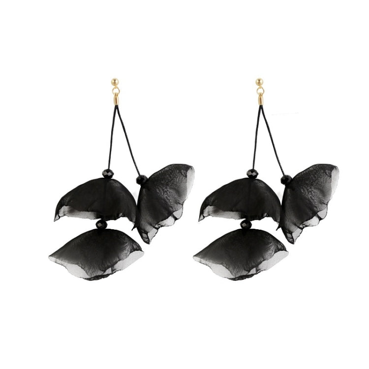 Long fabric petal earrings in black with four layered petals and gold hooks