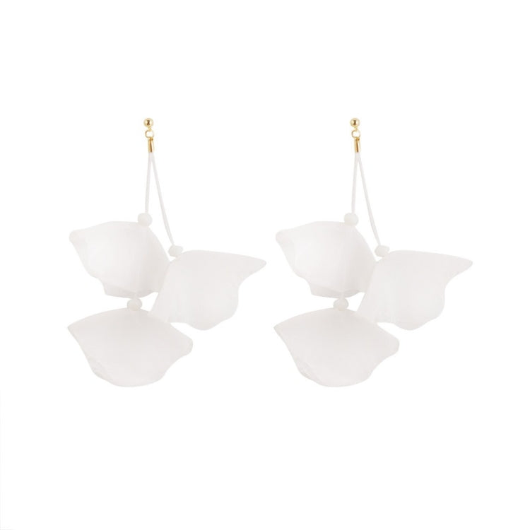 Long fabric petal earrings in white with four layered petals and gold hooks