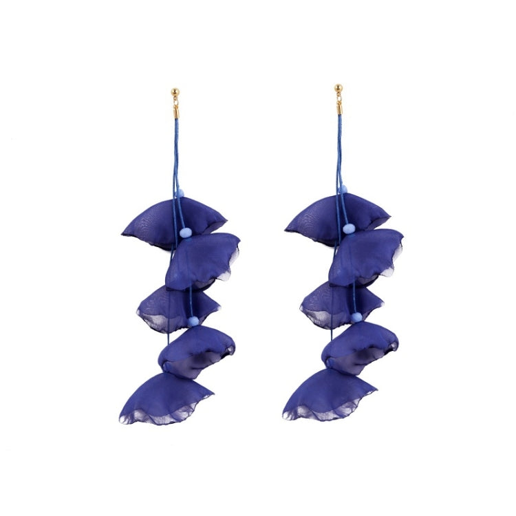 Long fabric petal earrings in blue with four layered petals and gold hooks