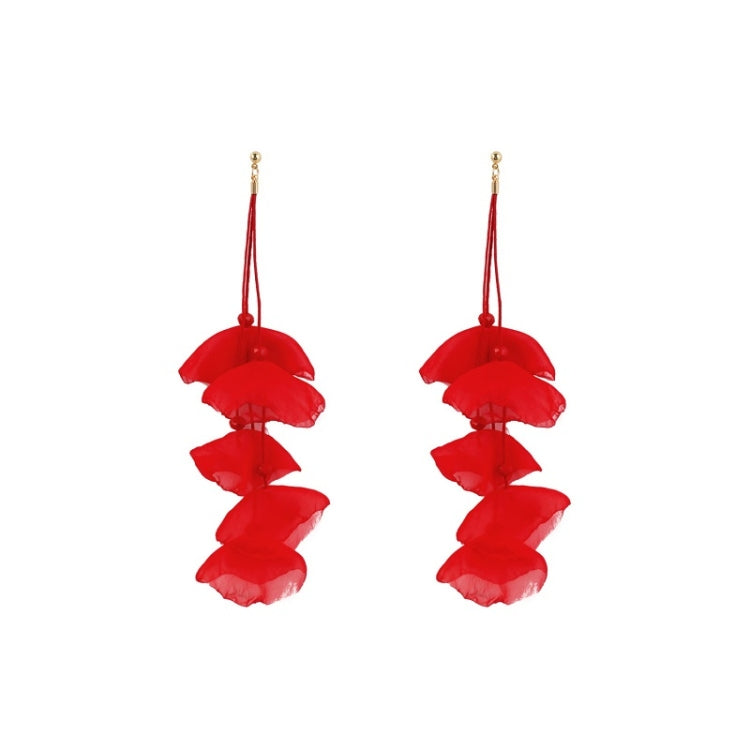 Long fabric petal earrings in red with three layered petals and gold hooks