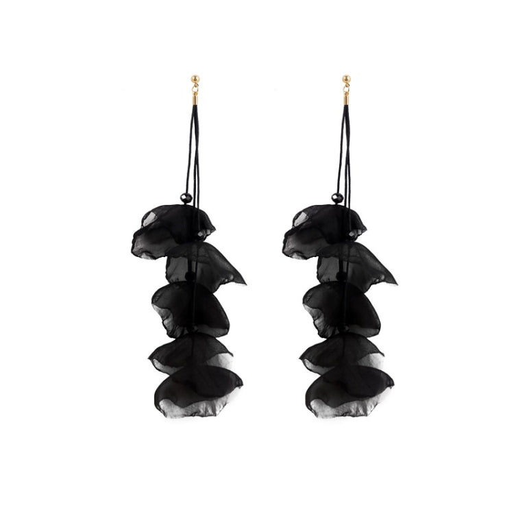 Long fabric petal earrings in black with four layered petals and gold hooks