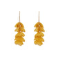 Yellow fabric petal earrings with layered dangling petals and pearl bead accents, gold hooks