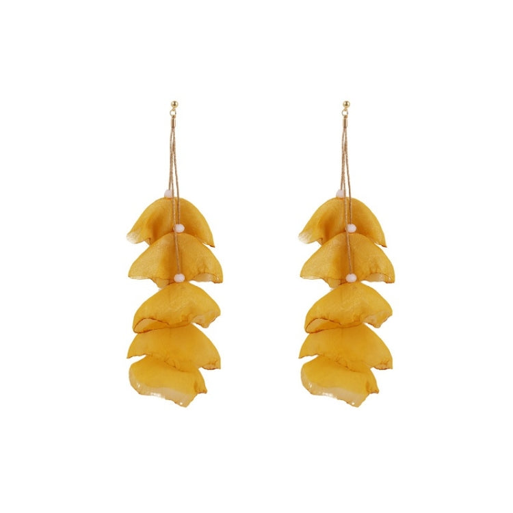 Yellow fabric petal earrings with layered dangling petals and pearl bead accents, gold hooks