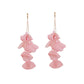 Pink fabric petal earrings with layered dangling petals and pearl bead accents, gold hooks