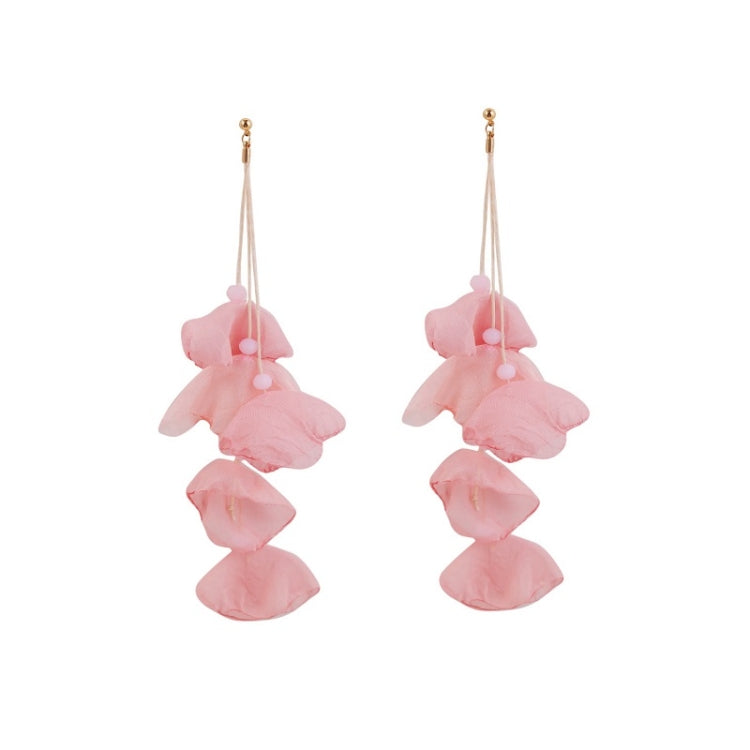 Pink fabric petal earrings with layered dangling petals and pearl bead accents, gold hooks