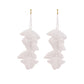 White fabric petal earrings with layered dangling petals and pearl bead accents, gold hooks