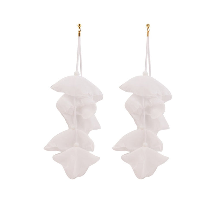 White fabric petal earrings with layered dangling petals and pearl bead accents, gold hooks
