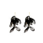 Black fabric petal earrings with layered dangling petals and pearl bead accents, gold hooks