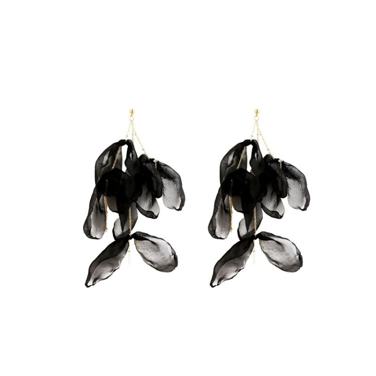 Black fabric petal earrings with layered dangling petals and pearl bead accents, gold hooks