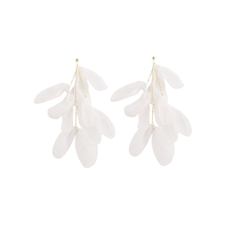 White fabric petal earrings with layered dangling petals and pearl bead accents, gold chains