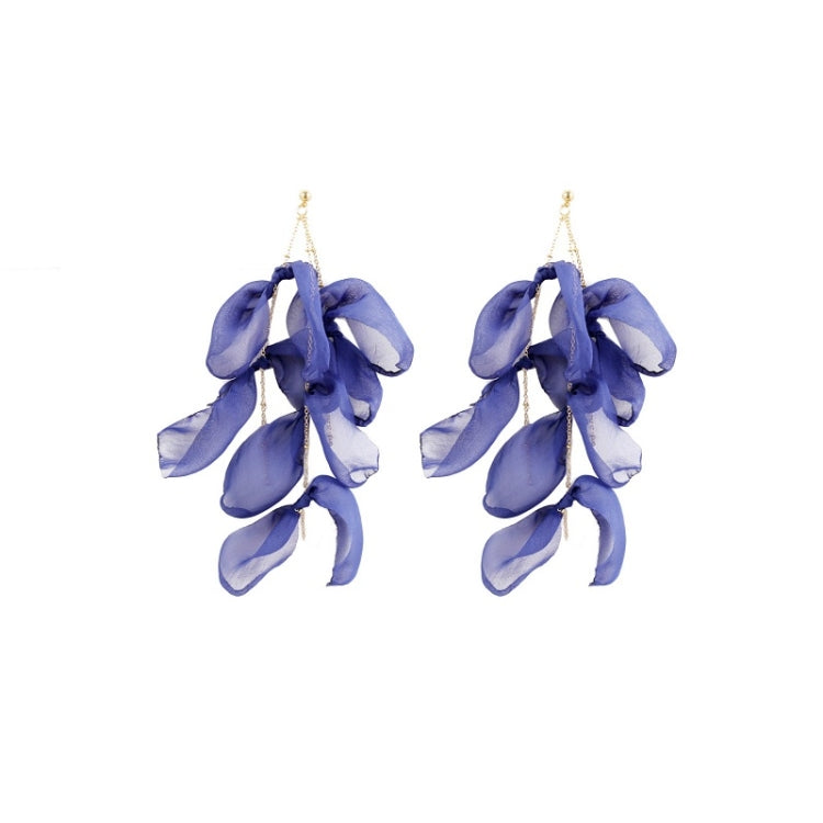 Blue fabric petal earrings with layered dangling petals and gold hooks