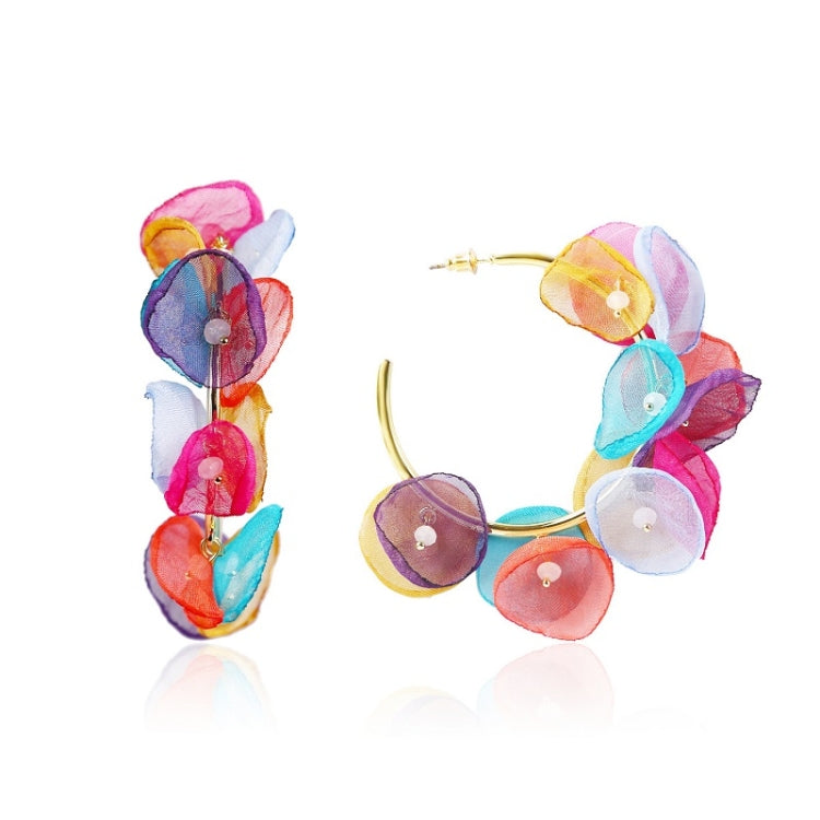 Colorful fabric petal hoop earrings with layered petals and bead accents