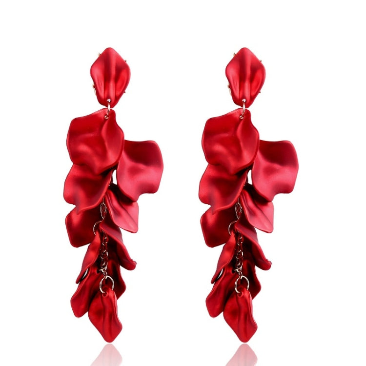 Red fabric petal earrings with layered dangling petals and gold hook