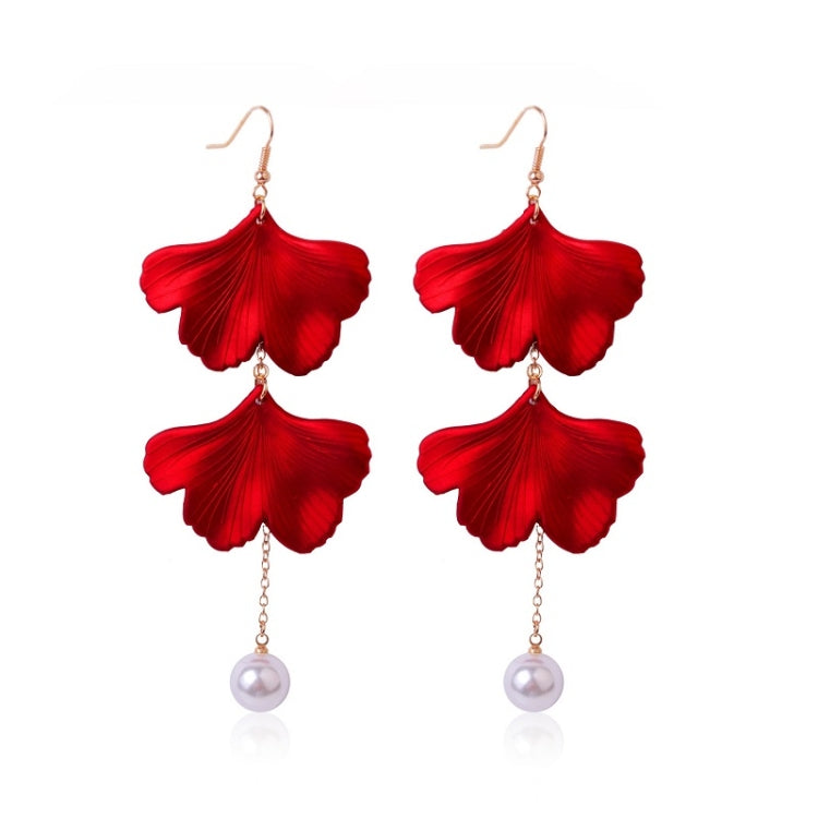 Red fabric petal drop earrings with white pearl dangle and gold-tone hooks