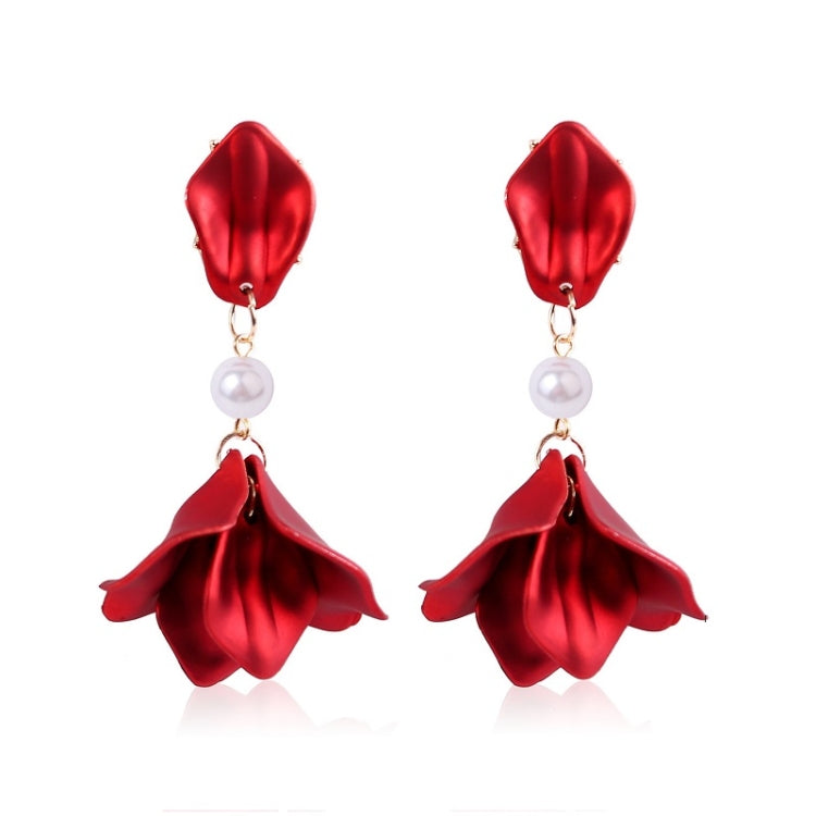 Red satin petal drop earrings with white pearl dangle and gold-tone hooks