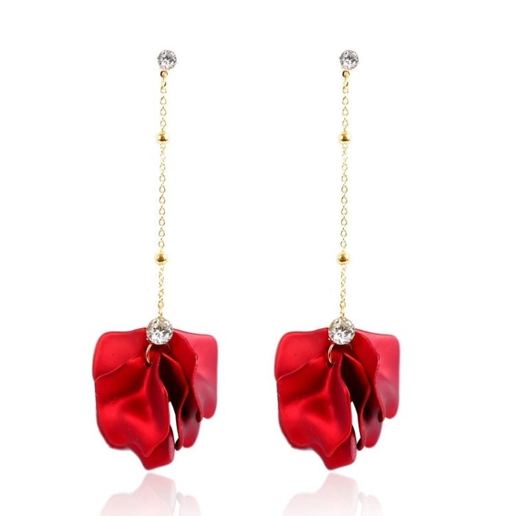 Long red fabric petal earrings with dangling chain, stud and crystal accents
