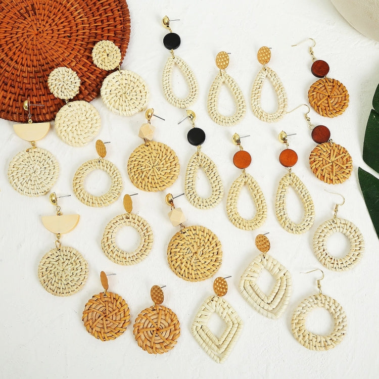 Woven bamboo vine drop and circle earrings with gold-tone hooks, tan with dark accents