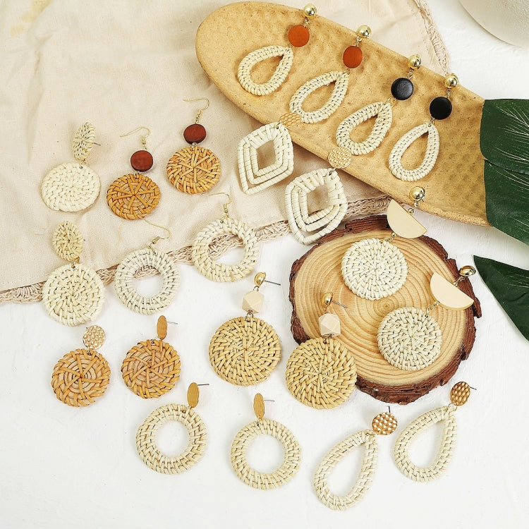 Handwoven bamboo vine earrings set with gold-tone hooks: round and teardrop hoops, tan and red