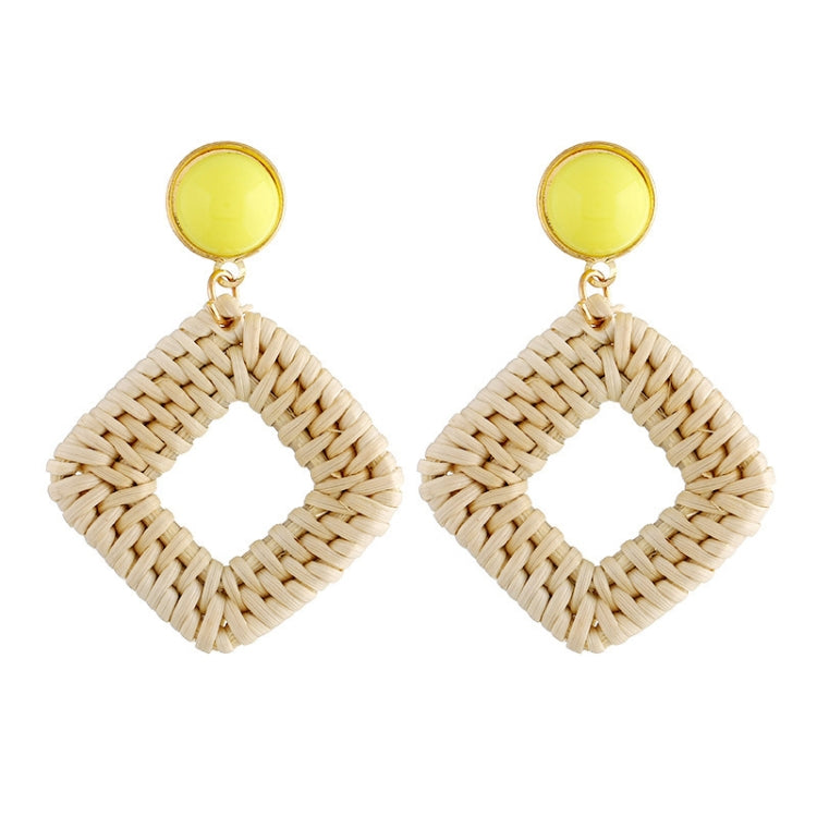 Handmade woven diamond hoop earrings with yellow stud tops and gold-tone hooks, beige.