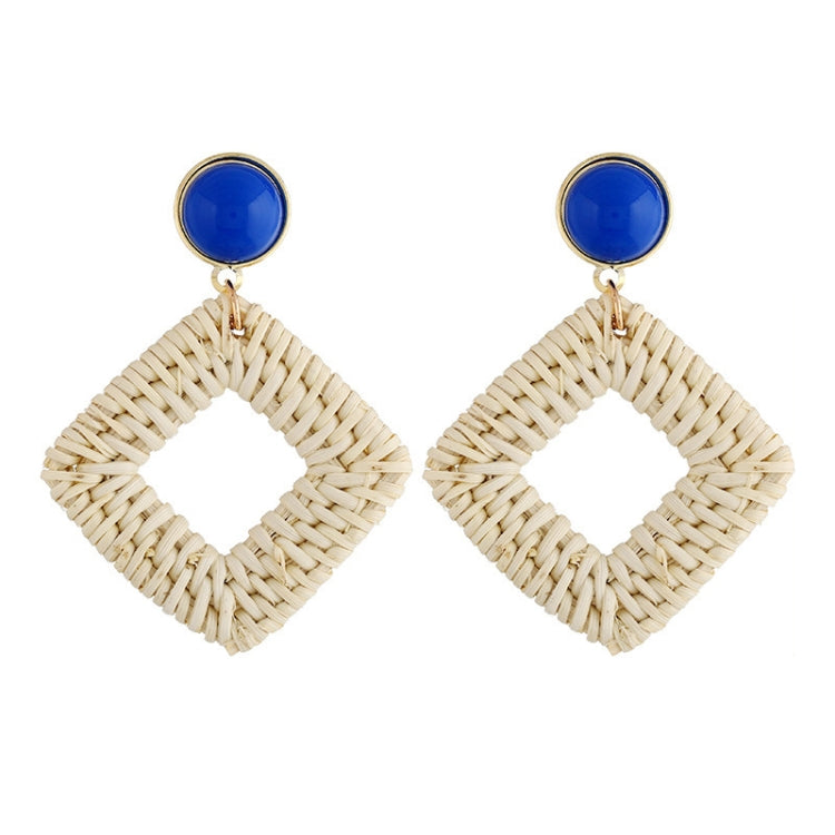 Handmade woven diamond hoop earrings with blue stud tops and gold-tone hooks, beige.