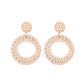 Handmade woven circular hoop earrings with textured light-beige stud tops and hooks.
