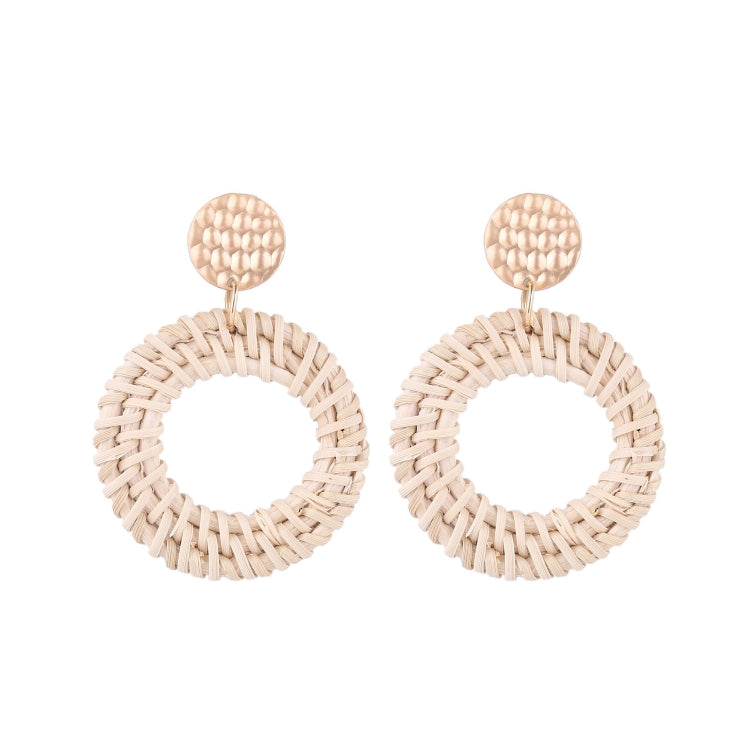 Handmade woven circular hoop earrings with textured light-beige stud tops and hooks.