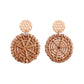 Handmade woven round earrings with caramel crosshatch pattern and textured stud tops.