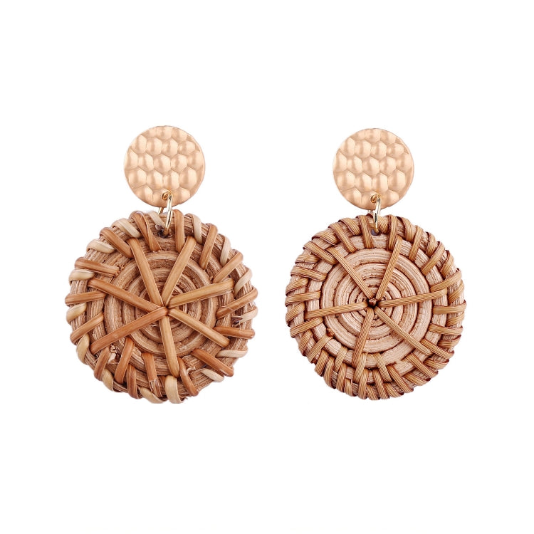 Handmade woven round earrings with caramel crosshatch pattern and textured stud tops.