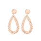 Handmade woven teardrop earrings with textured round tops and gold-tone ear hooks, beige.