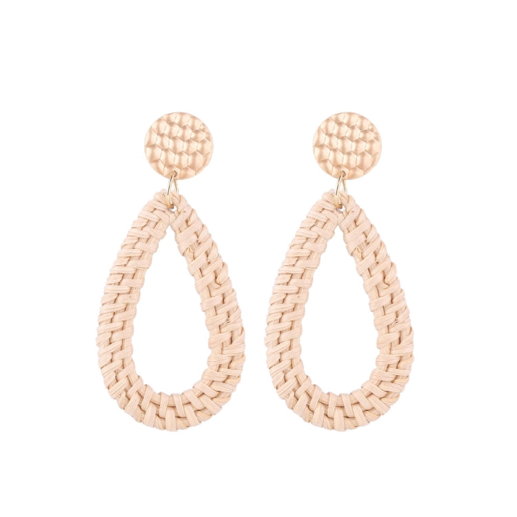 Handmade woven teardrop earrings with textured round tops and gold-tone ear hooks, beige.