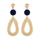 Bamboo vine woven earrings with navy round top and cream teardrop dangle, gold hooks