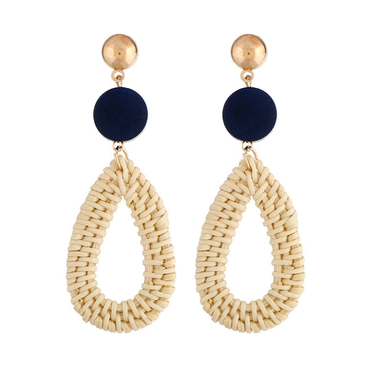 Bamboo vine woven earrings with navy round top and cream teardrop dangle, gold hooks