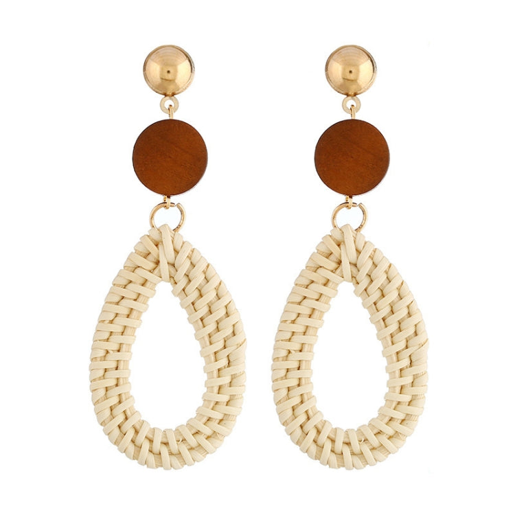 Bamboo vine woven earrings with brown round top and cream teardrop dangle, gold hooks