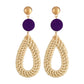Bamboo vine woven earrings with purple round top and cream teardrop dangle, gold hooks