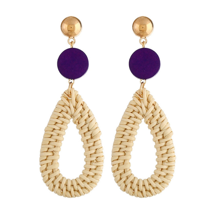Bamboo vine woven earrings with purple round top and cream teardrop dangle, gold hooks