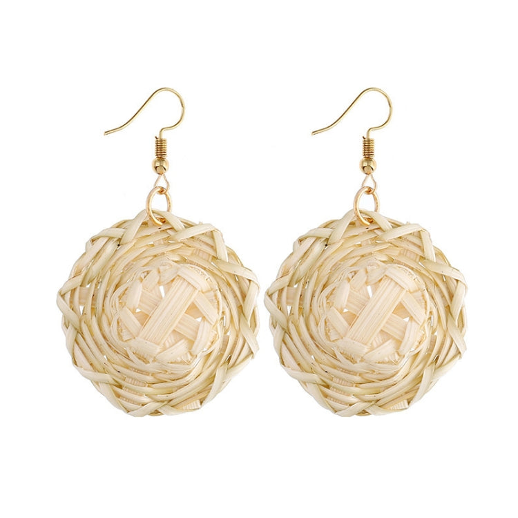 Bamboo vine woven earrings with cream round ball drops and gold fishhook ear wires